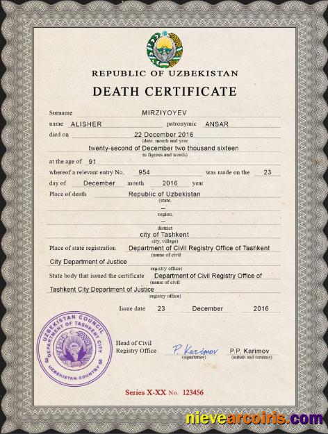 Uzbekistan death certificate